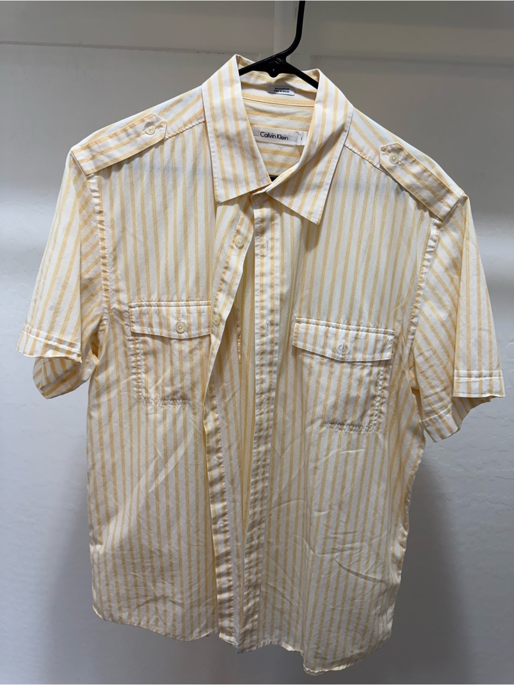 Calvin Klein Pale Yellow Striped Short-Sleeve Button-Down Shirt